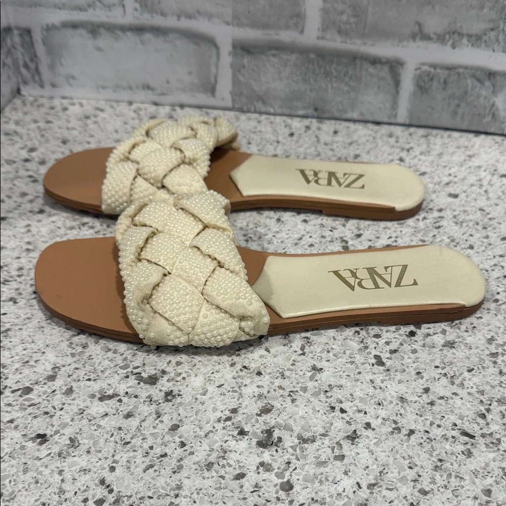 Zara Women's Cream Braided Slide Sandals with Pearl Accent - Picture 2 of 4